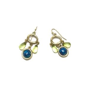 Blue speckled marble, clear green and gold toned dangle earrings